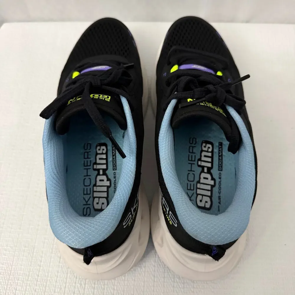 Skechers Max Cushioning Glide Step Shoes Womens Size 6.5 Black Blue Handsfree